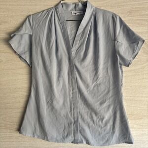 Calvin Klein V Neck Blouse Structured Collar Tailored Sleeves Sz Sm